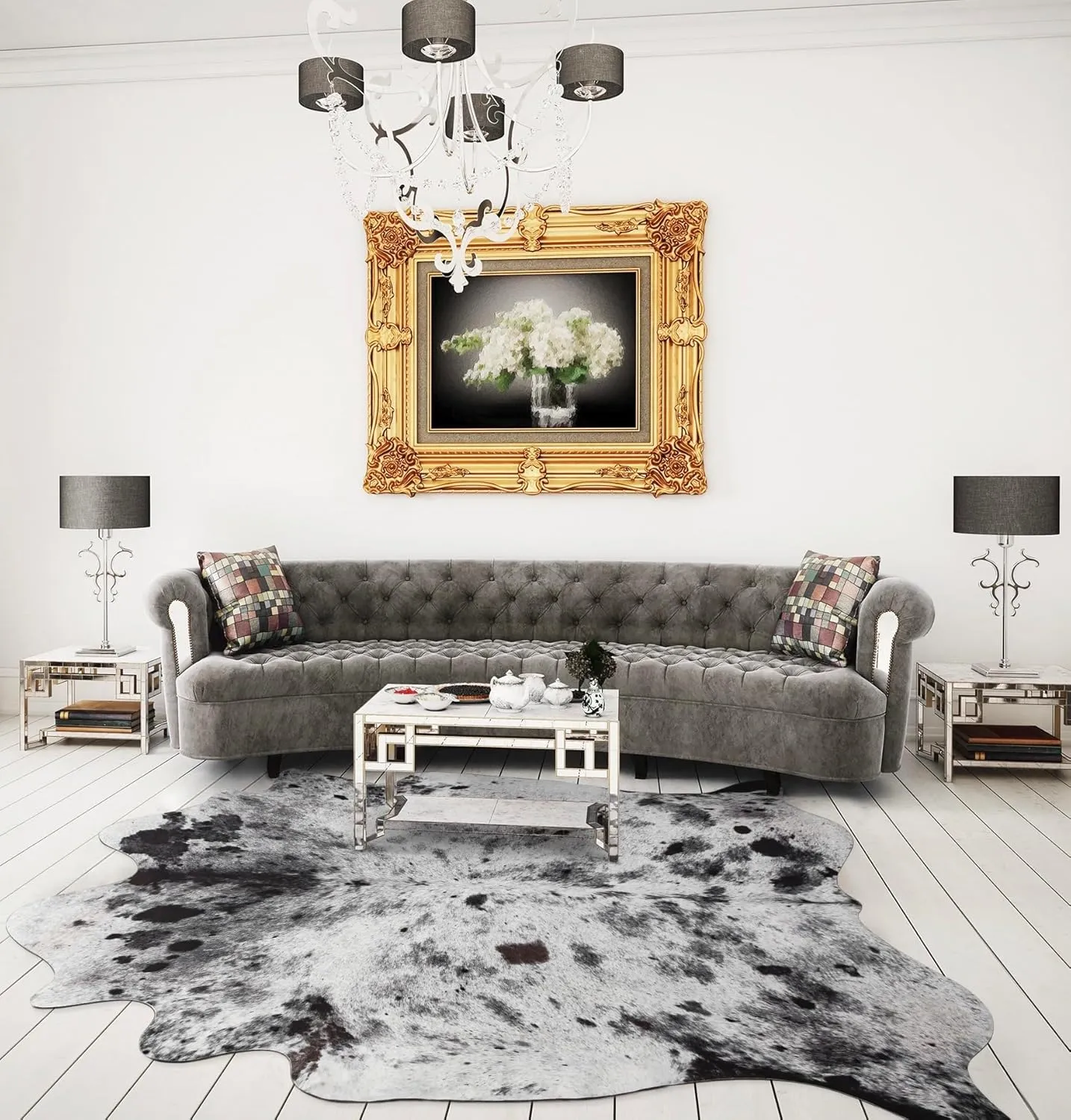 Exquisite Cowhide Rug, 6.2 x 7 ft Faux Cowhide for Living Room Bedroom, Cow Print Rug for Wall, Non-Slip, Grey White