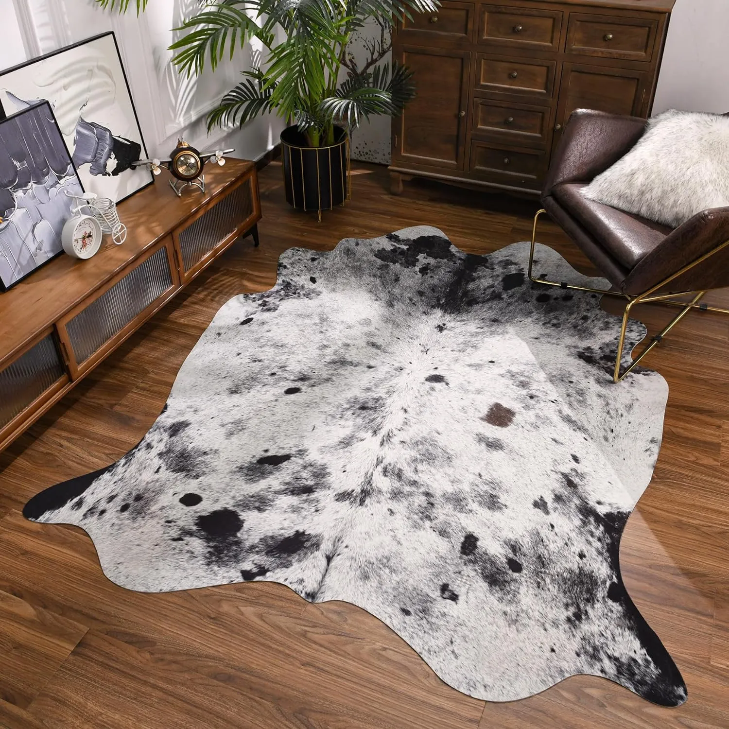 Exquisite Cowhide Rug, 6.2 x 7 ft Faux Cowhide for Living Room Bedroom, Cow Print Rug for Wall, Non-Slip, Grey White