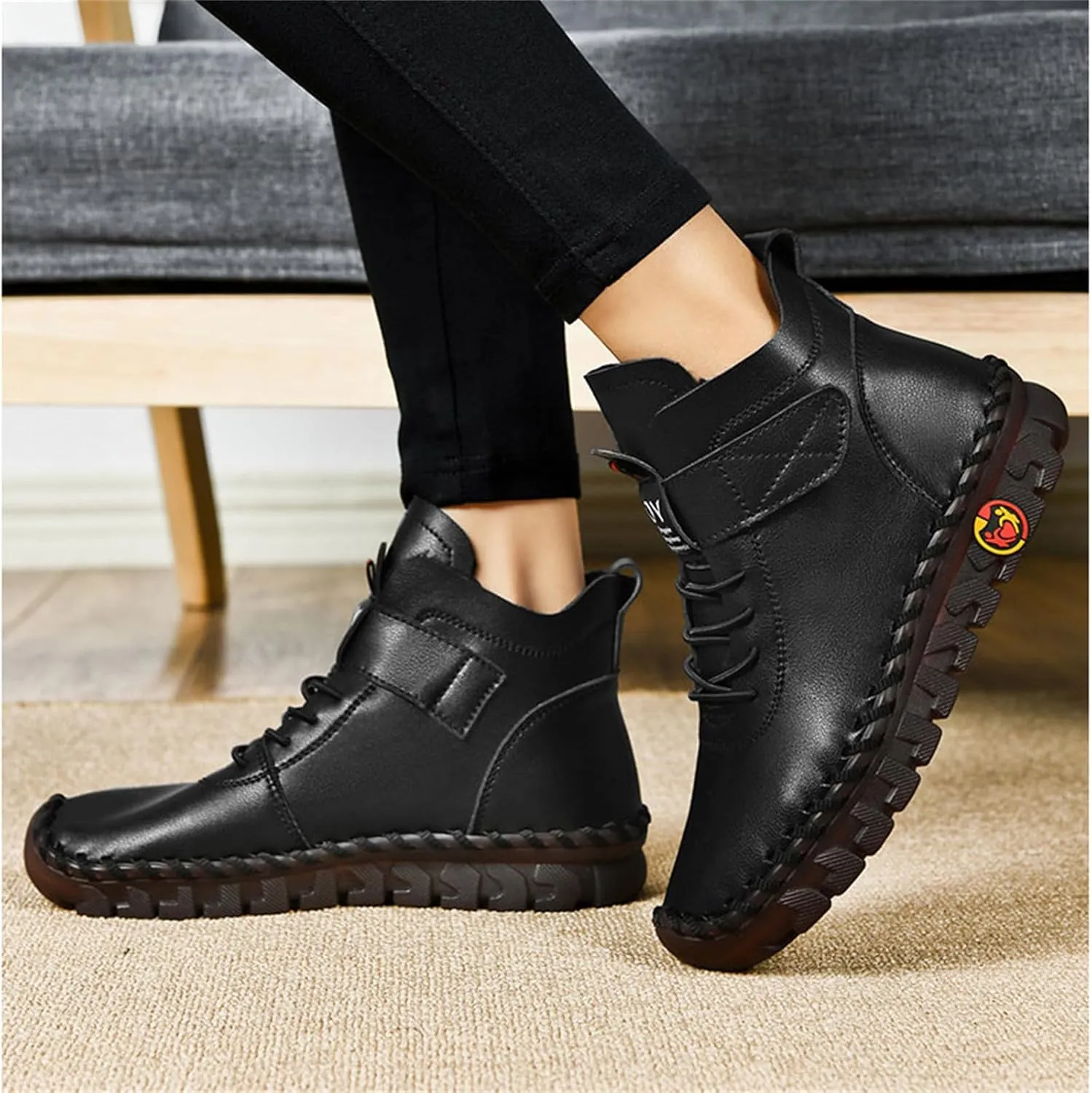 FAIRSOMA Women's Leather High Top Flat Sneakers with Adjustable Strap,Fashion Lightweight Lace Up Loafers Casual Warm Platform Ankle Boot Shoes Comfort Non-Slip Walking Shoes Soft Bottom Mom Shoes​