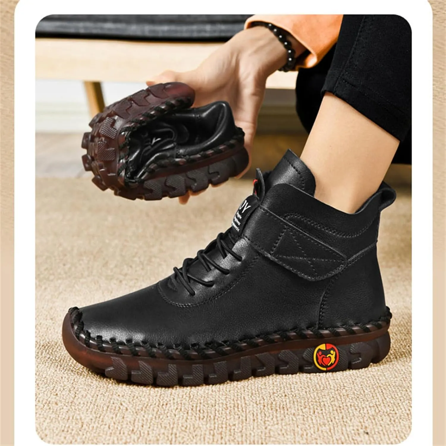 FAIRSOMA Women's Leather High Top Flat Sneakers with Adjustable Strap,Fashion Lightweight Lace Up Loafers Casual Warm Platform Ankle Boot Shoes Comfort Non-Slip Walking Shoes Soft Bottom Mom Shoes​