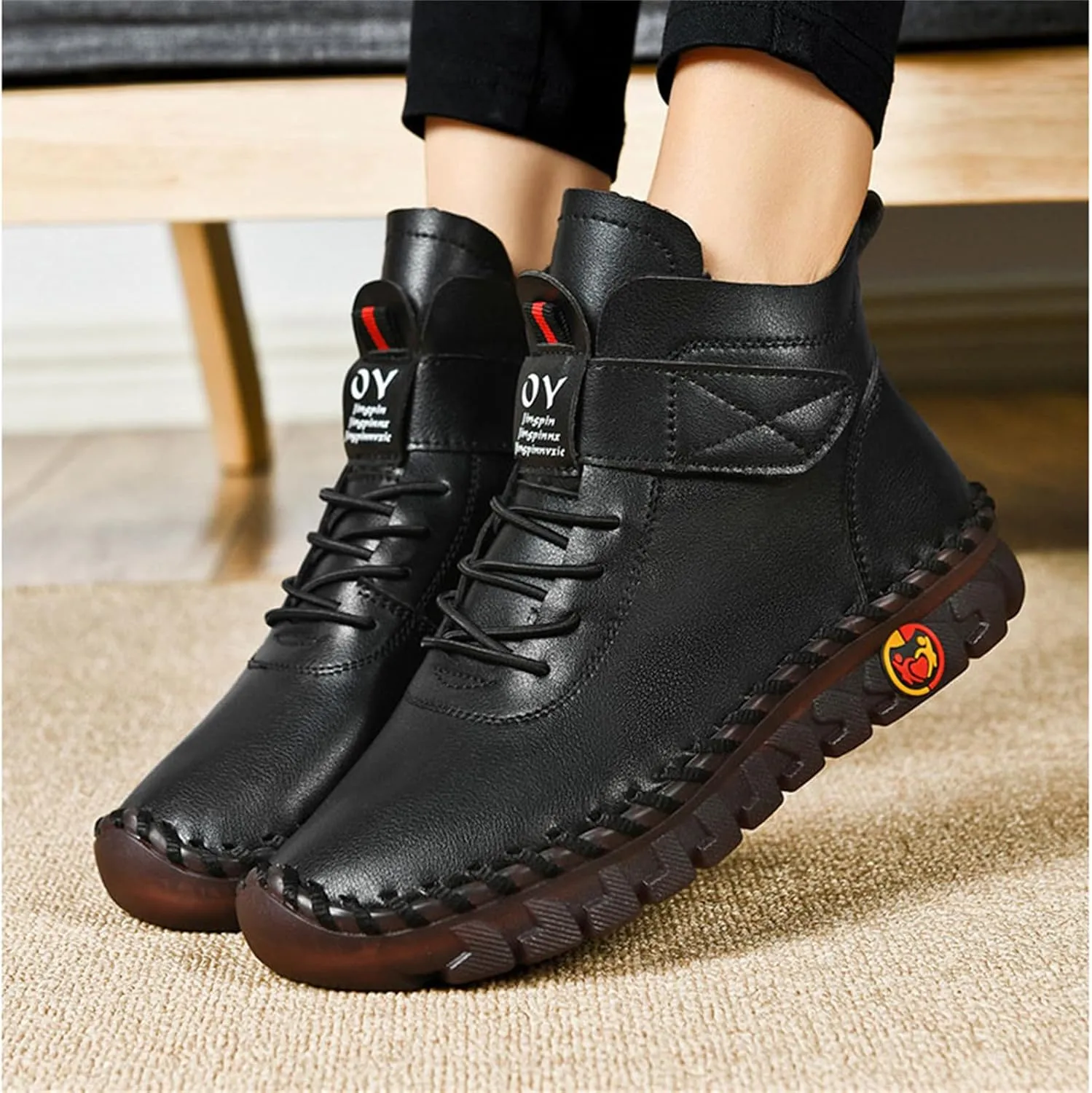 FAIRSOMA Women's Leather High Top Flat Sneakers with Adjustable Strap,Fashion Lightweight Lace Up Loafers Casual Warm Platform Ankle Boot Shoes Comfort Non-Slip Walking Shoes Soft Bottom Mom Shoes​