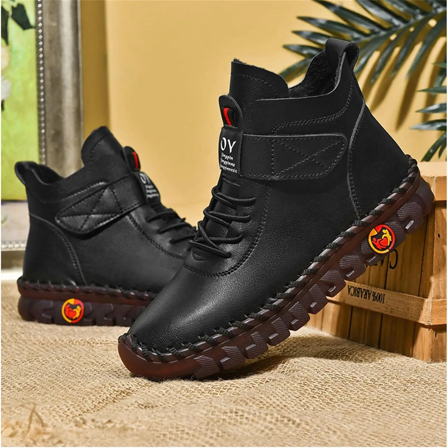FAIRSOMA Women's Leather High Top Flat Sneakers with Adjustable Strap,Fashion Lightweight Lace Up Loafers Casual Warm Platform Ankle Boot Shoes Comfort Non-Slip Walking Shoes Soft Bottom Mom Shoes​