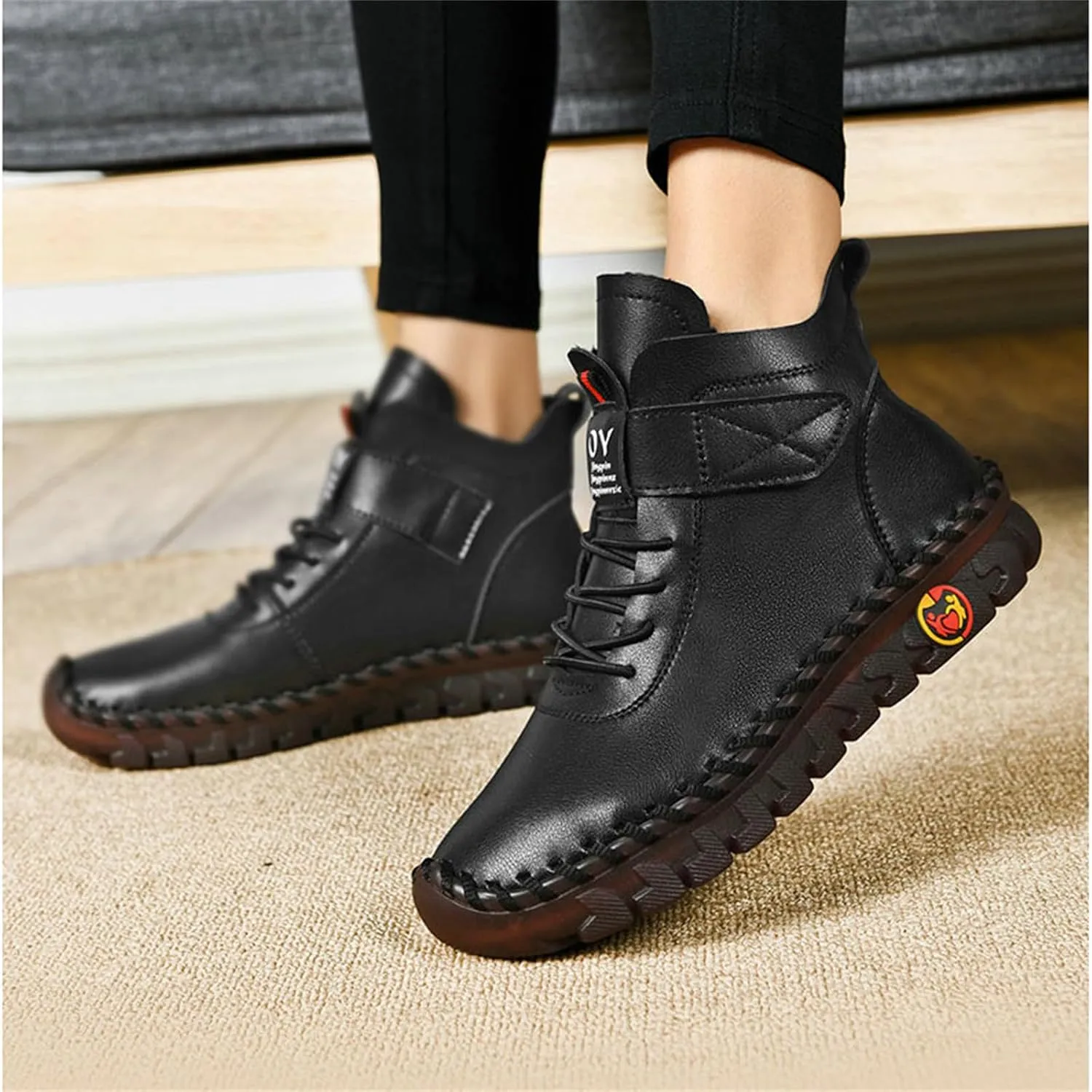 FAIRSOMA Women's Leather High Top Flat Sneakers with Adjustable Strap,Fashion Lightweight Lace Up Loafers Casual Warm Platform Ankle Boot Shoes Comfort Non-Slip Walking Shoes Soft Bottom Mom Shoes​
