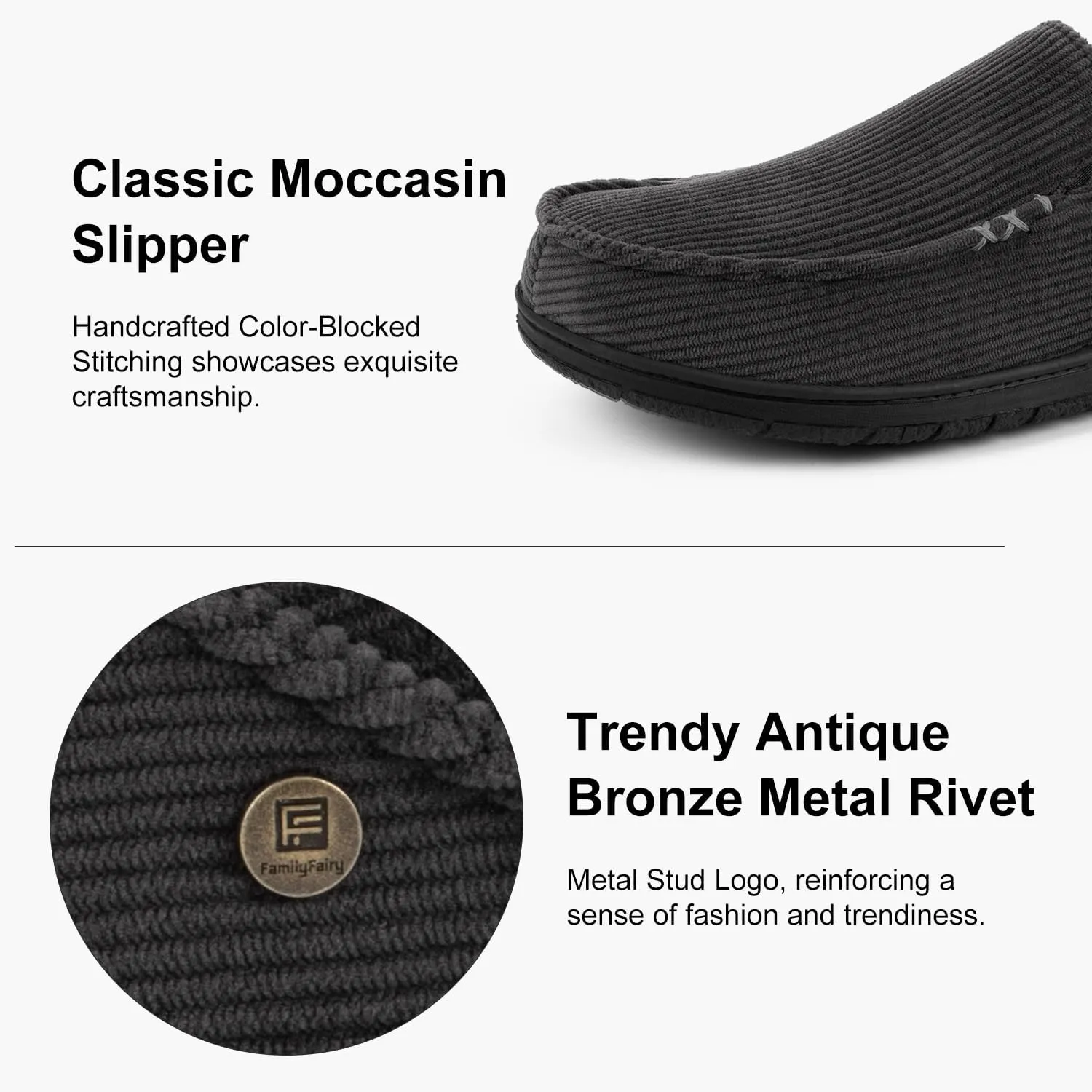 FamilyFairy Men's Moccasin Slippers Corduroy Breathable Memory Foam House Shoes Anti-Slip Indoor Outdoor