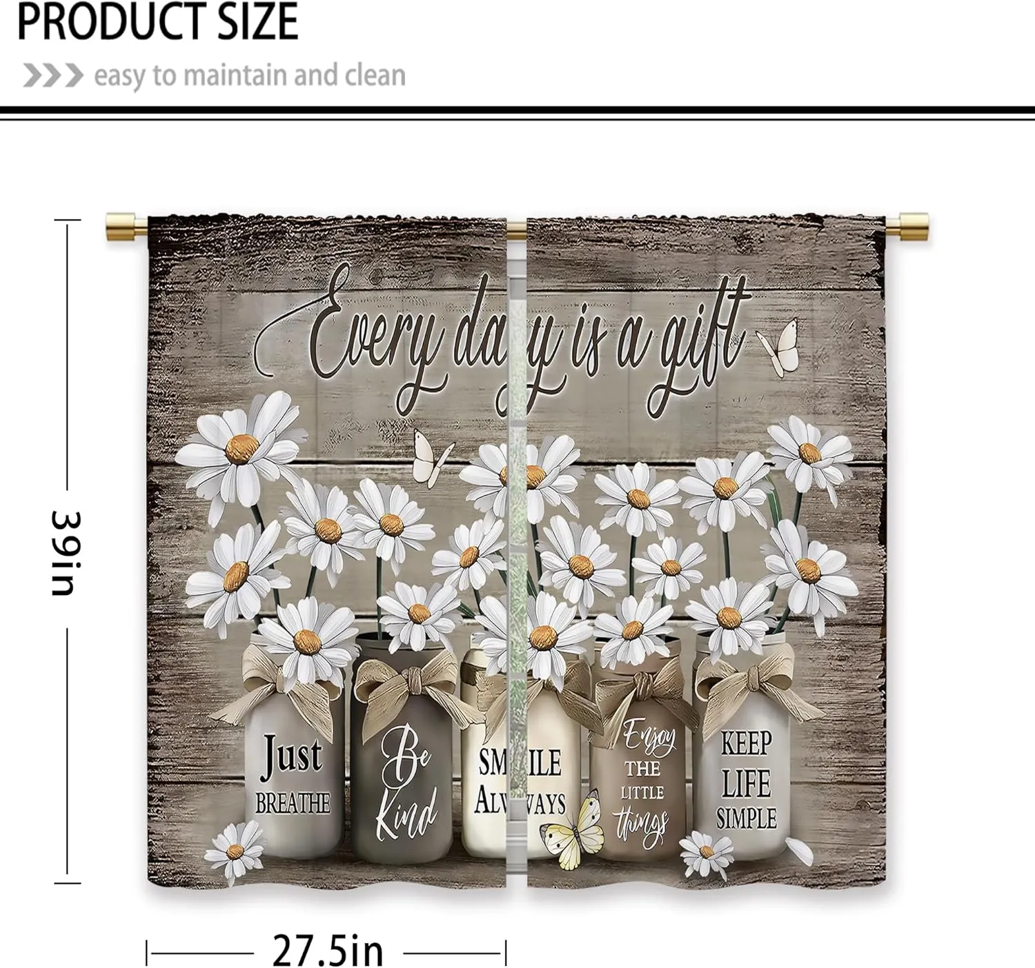 Farmhouse Floral Kitchen Curtains Daisy Rustic Vintage Flower Inspirational Small Short Cafe Window Curtains Wooden Country Quotes Bathroom Tier Window Treatment Drapes (27.5x39 Inch)