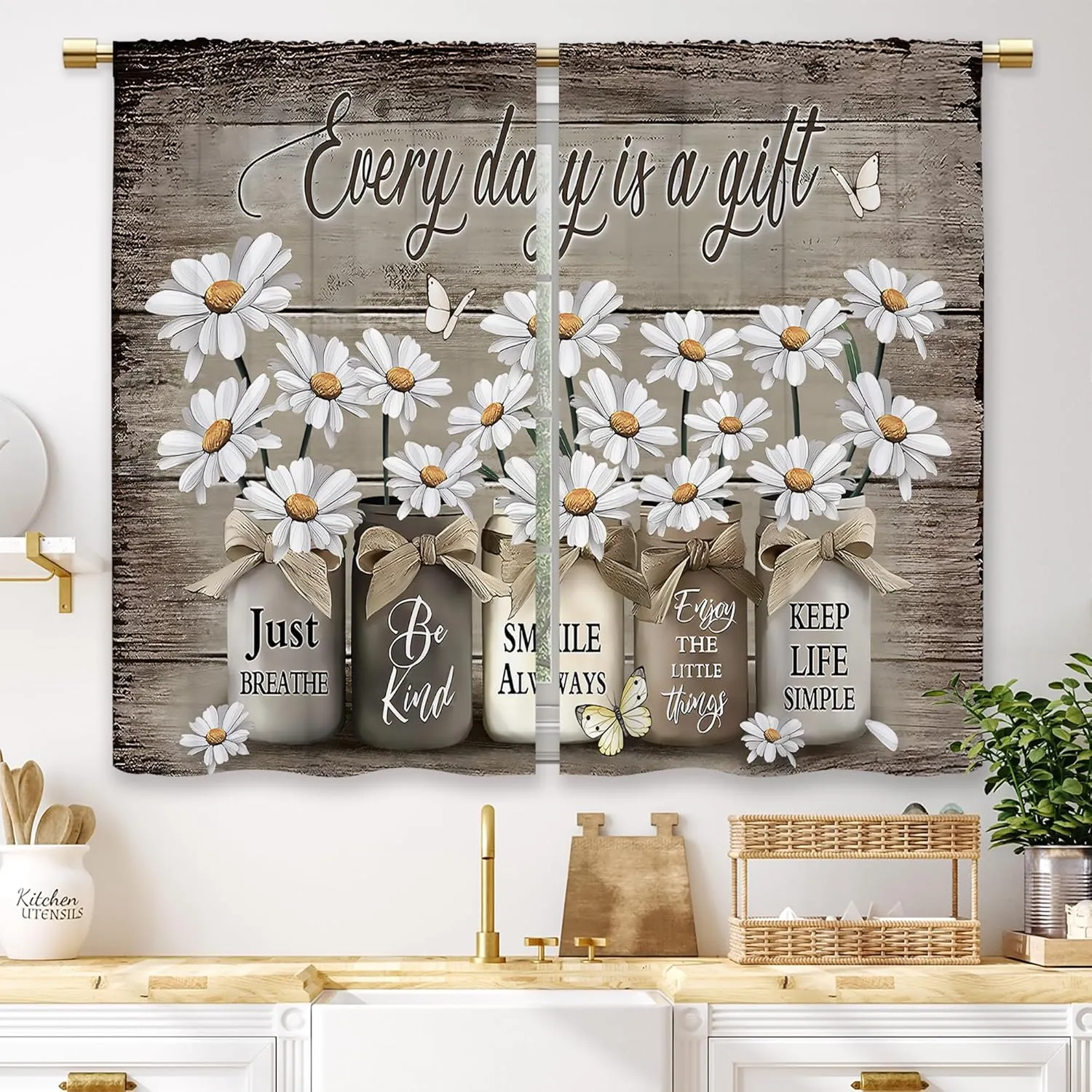 Farmhouse Floral Kitchen Curtains Daisy Rustic Vintage Flower Inspirational Small Short Cafe Window Curtains Wooden Country Quotes Bathroom Tier Window Treatment Drapes (27.5x39 Inch)