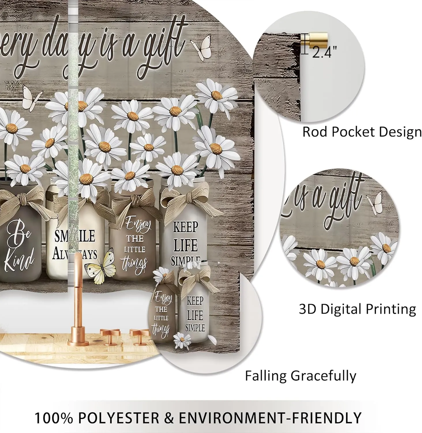 Farmhouse Floral Kitchen Curtains Daisy Rustic Vintage Flower Inspirational Small Short Cafe Window Curtains Wooden Country Quotes Bathroom Tier Window Treatment Drapes (27.5x39 Inch)