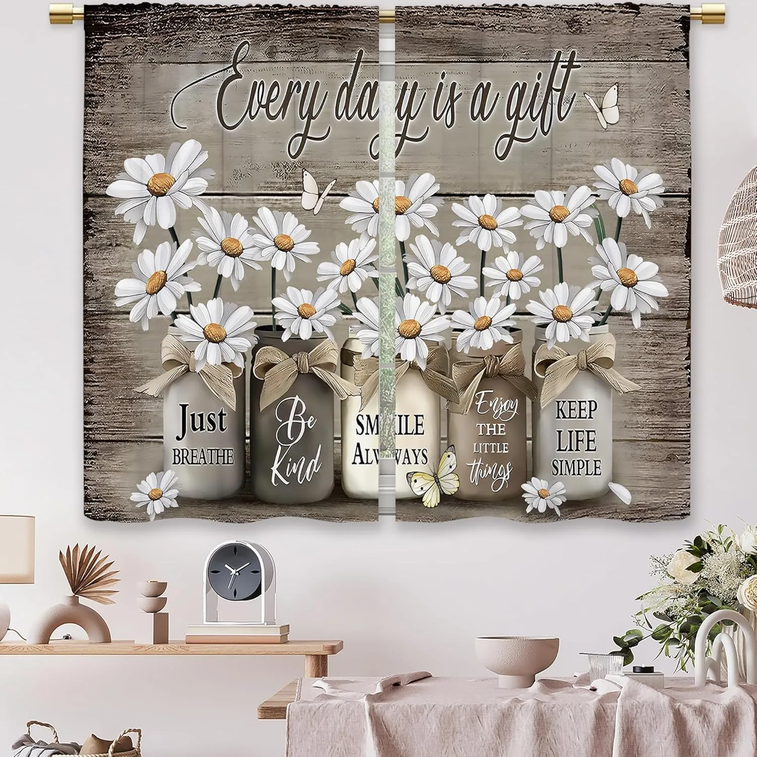 Farmhouse Floral Kitchen Curtains Daisy Rustic Vintage Flower Inspirational Small Short Cafe Window Curtains Wooden Country Quotes Bathroom Tier Window Treatment Drapes (27.5x39 Inch)