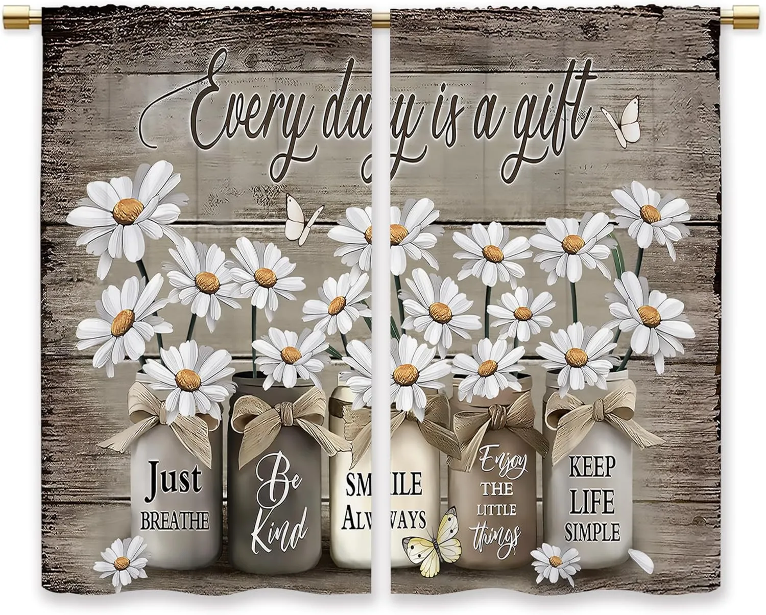 Farmhouse Floral Kitchen Curtains Daisy Rustic Vintage Flower Inspirational Small Short Cafe Window Curtains Wooden Country Quotes Bathroom Tier Window Treatment Drapes (27.5x39 Inch)