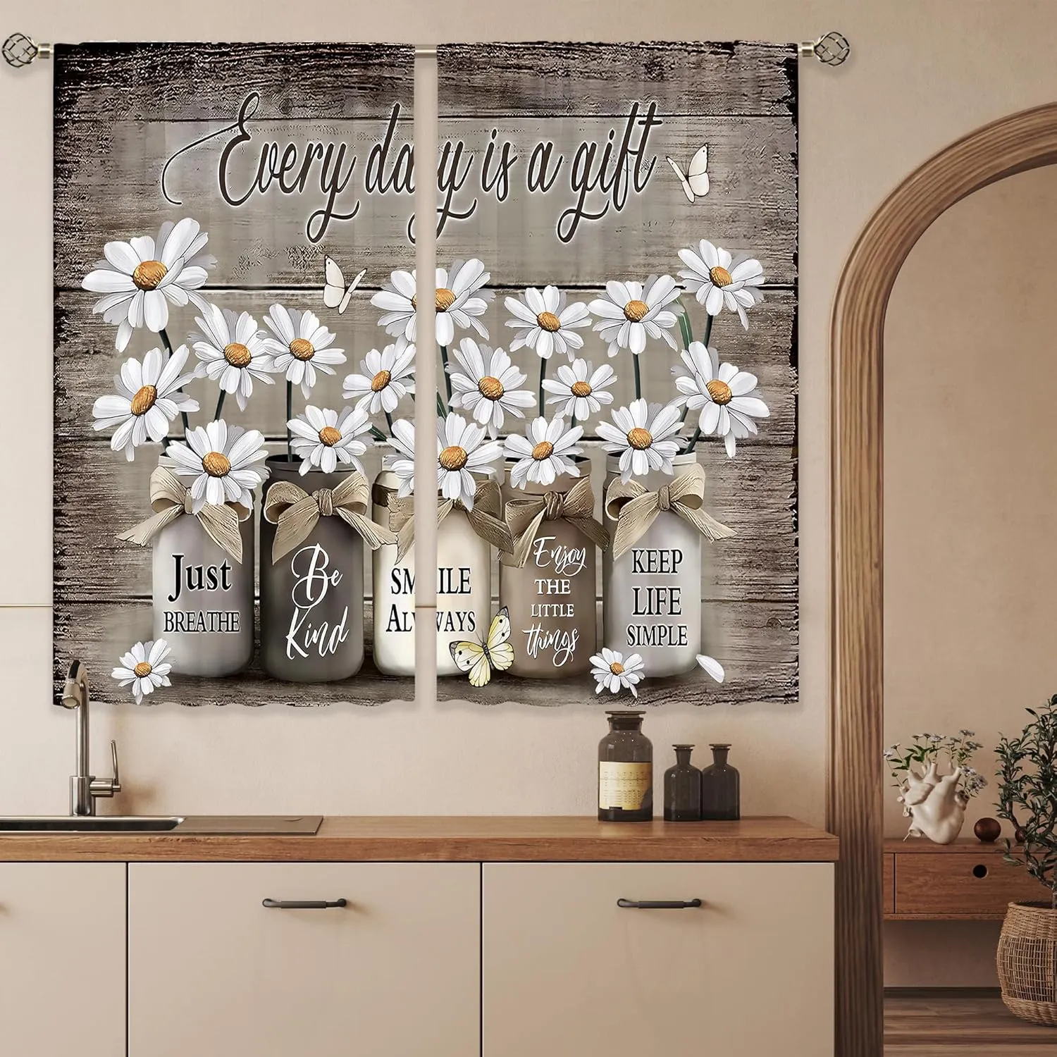 Farmhouse Floral Kitchen Curtains Daisy Rustic Vintage Flower Inspirational Small Short Cafe Window Curtains Wooden Country Quotes Bathroom Tier Window Treatment Drapes (27.5x39 Inch)