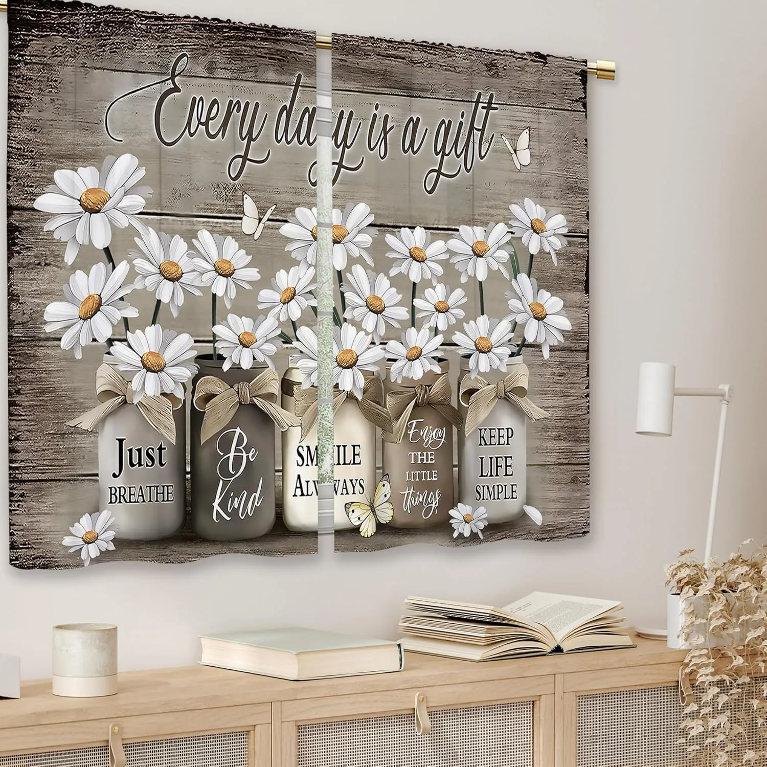 Farmhouse Floral Kitchen Curtains Daisy Rustic Vintage Flower Inspirational Small Short Cafe Window Curtains Wooden Country Quotes Bathroom Tier Window Treatment Drapes (27.5x39 Inch)