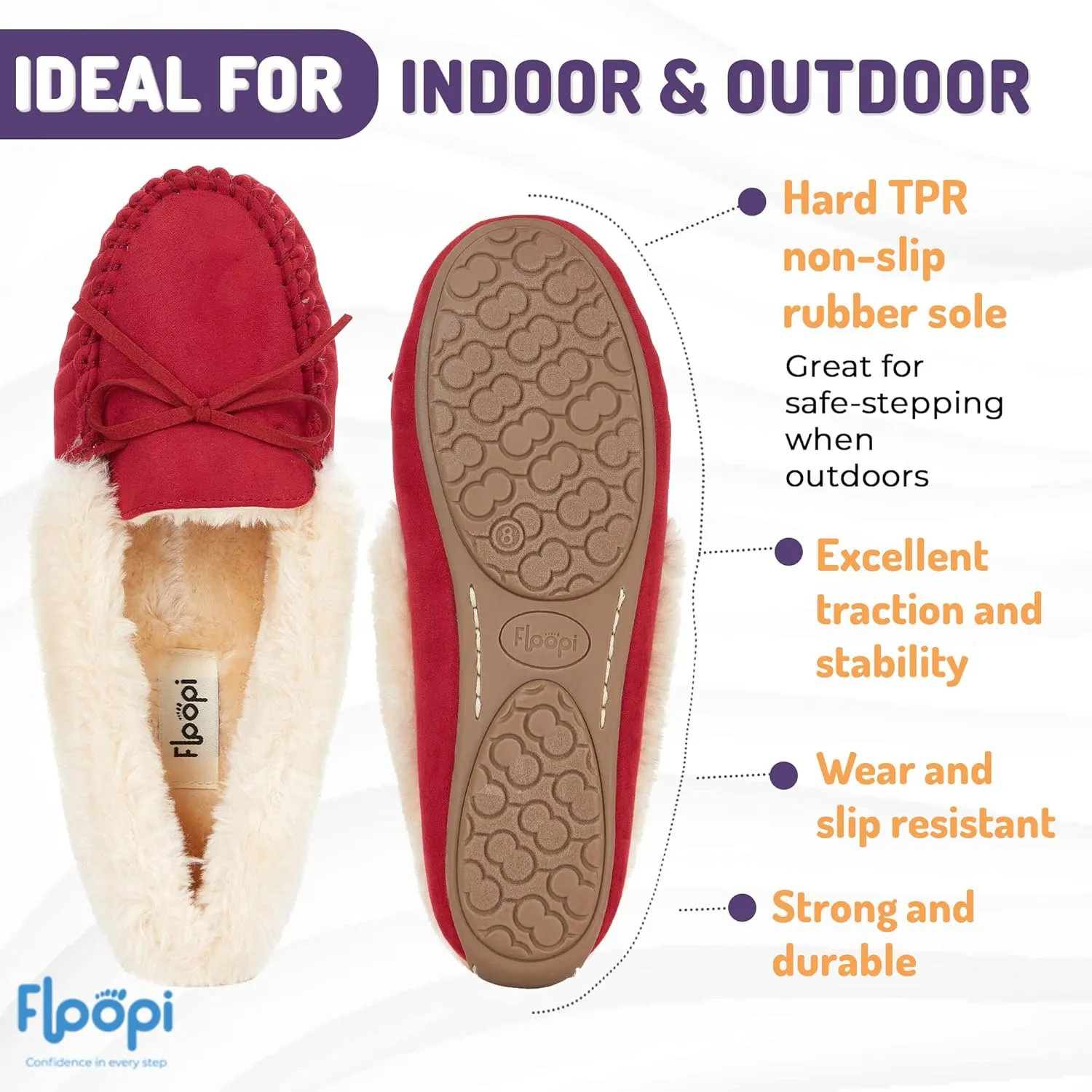 Floopi Women Slippers Moccasins, Soft Faux Fur Lining with Cozy Memory Foam, Ladies House Slippers for Women with Indoor & Outdoor Anti-Skid Sole