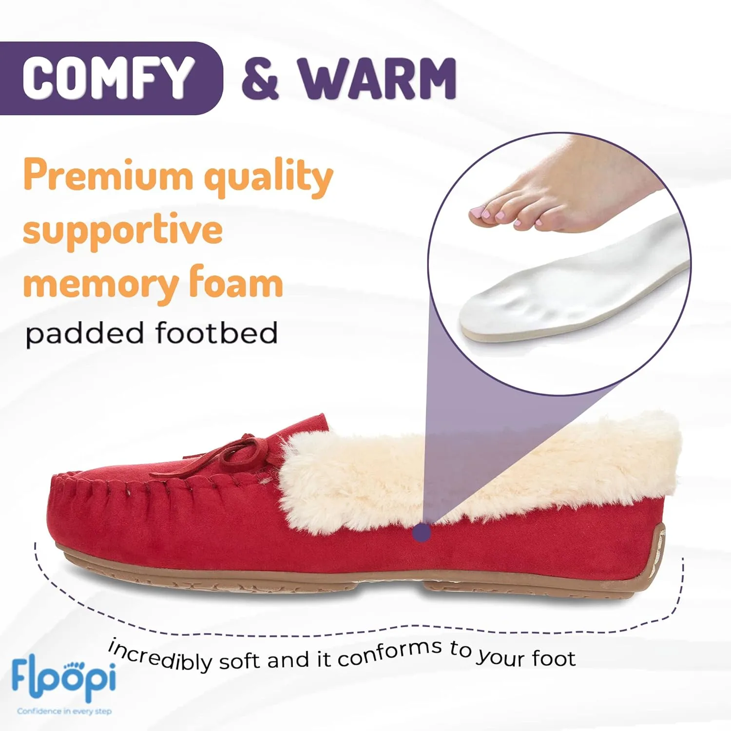 Floopi Women Slippers Moccasins, Soft Faux Fur Lining with Cozy Memory Foam, Ladies House Slippers for Women with Indoor & Outdoor Anti-Skid Sole