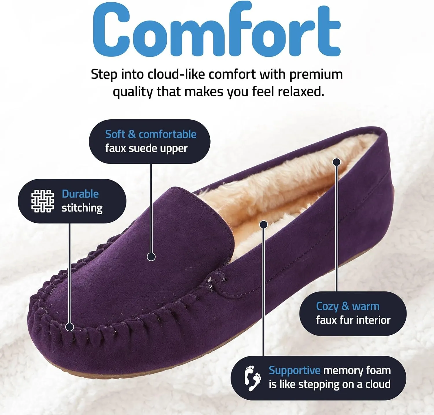 Floopi Women Slippers Moccasins, Soft Faux Fur Lining with Cozy Memory Foam, Ladies House Slippers for Women with Indoor & Outdoor Anti-Skid Sole