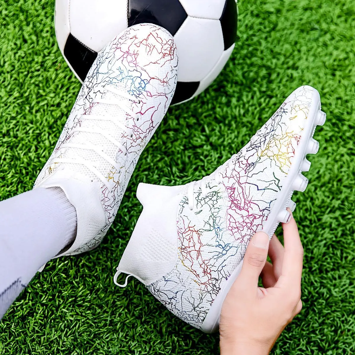 Football Cleats Men Women, Non-Slip High Top Soccer Shoes Lightweight Shock Resistant Training Boots Sneaker Breathable Professional Turf Shoes Sport Athletic Ground Football Boots Soccer Cleats