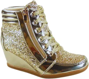 Forever Link Women's Fashion Glitter High Top Lace Up Wedge Sneaker Shoes