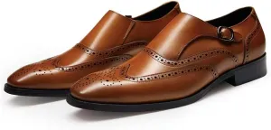 FRASOICUS Men ’s Dress Shoes Genuine Leather Monk Strap Wingtip Formal Shoes Slip-On Loafer