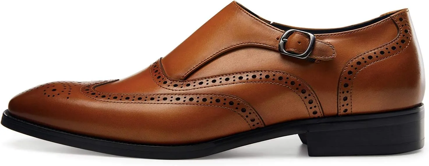 FRASOICUS Men ’s Dress Shoes Genuine Leather Monk Strap Wingtip Formal Shoes Slip-On Loafer