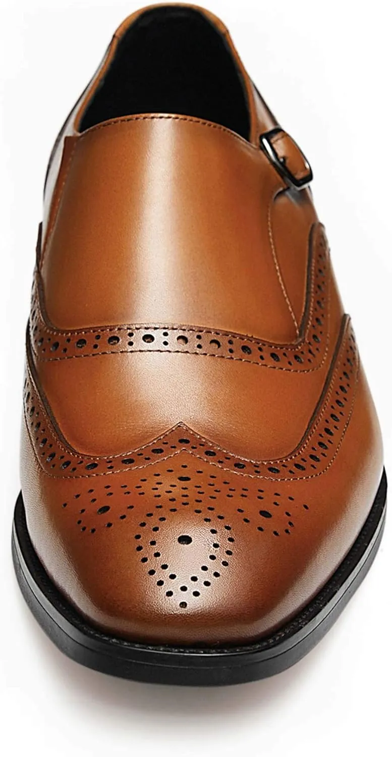 FRASOICUS Men ’s Dress Shoes Genuine Leather Monk Strap Wingtip Formal Shoes Slip-On Loafer