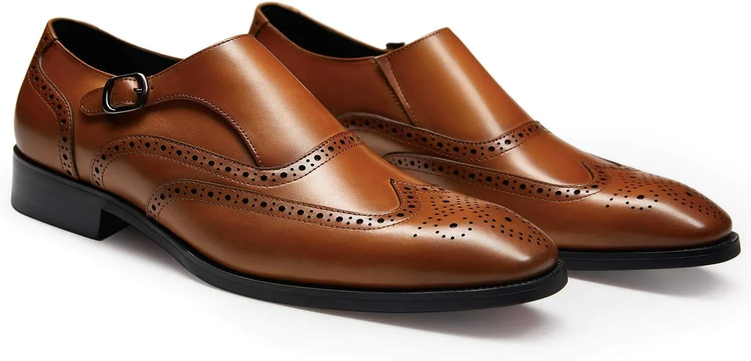 FRASOICUS Men ’s Dress Shoes Genuine Leather Monk Strap Wingtip Formal Shoes Slip-On Loafer