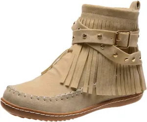 Fringe Boots Women Ankle Cowboy Boots Suede Flat Tassel Boots Side Zipper Moccasin Boots Short Western Boots