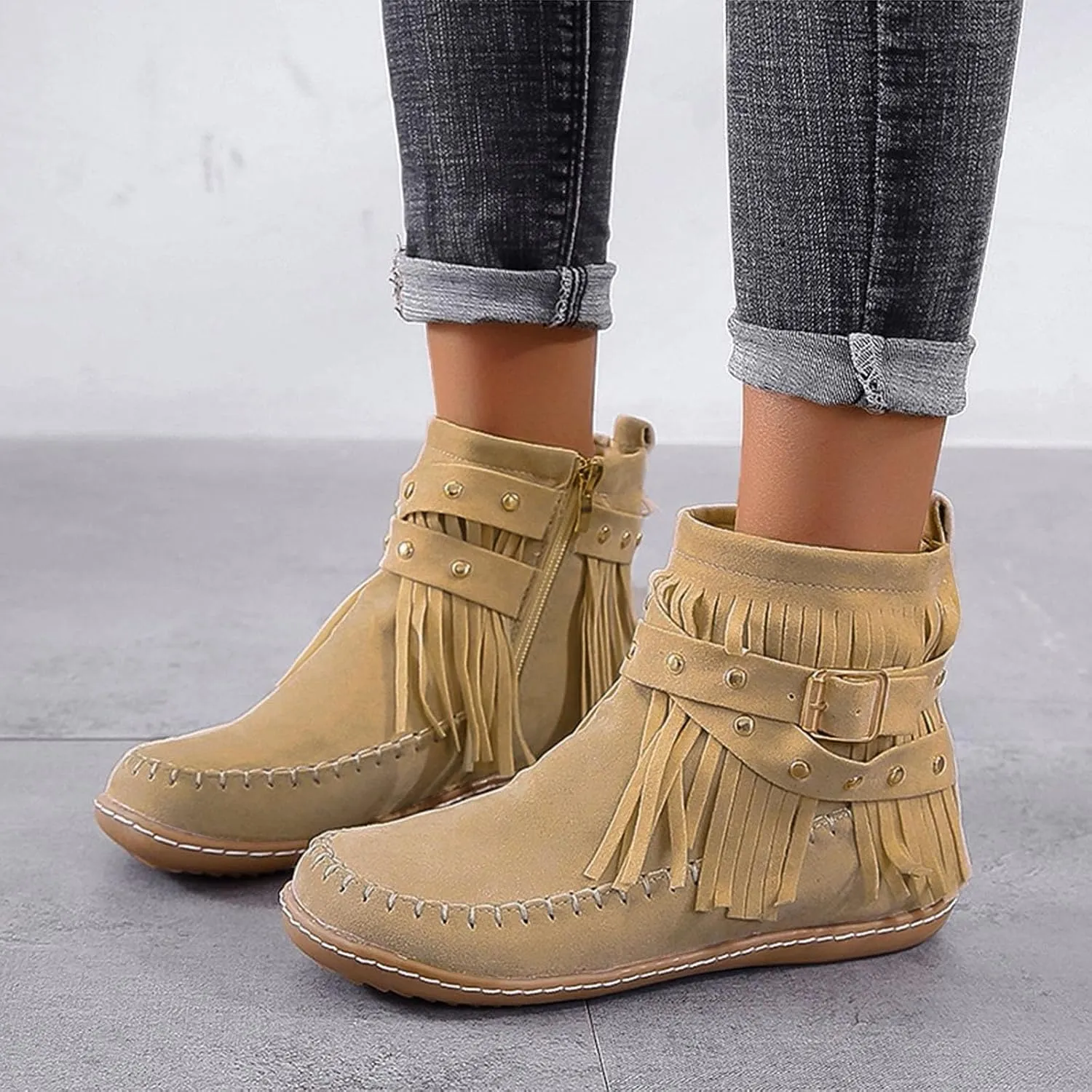 Fringe Boots Women Ankle Cowboy Boots Suede Flat Tassel Boots Side Zipper Moccasin Boots Short Western Boots