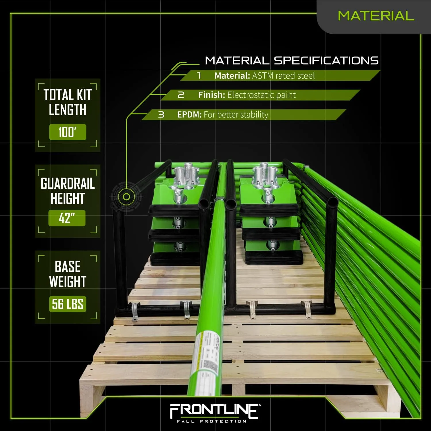 Frontline GUS Guardrail System Non-Penetrating Complete Kit | Superior Resistance to Impact Loads | OSHA Compliant (Green, Guardrail 100 Lnft)