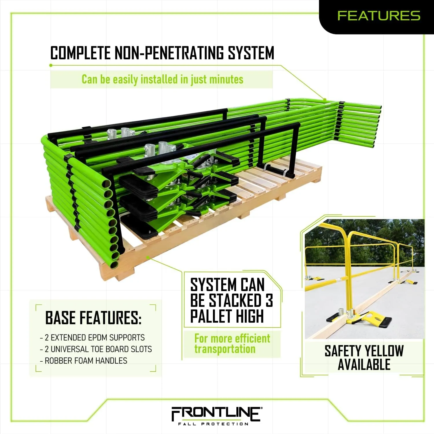 Frontline GUS Guardrail System Non-Penetrating Complete Kit | Superior Resistance to Impact Loads | OSHA Compliant (Green, Guardrail 100 Lnft)
