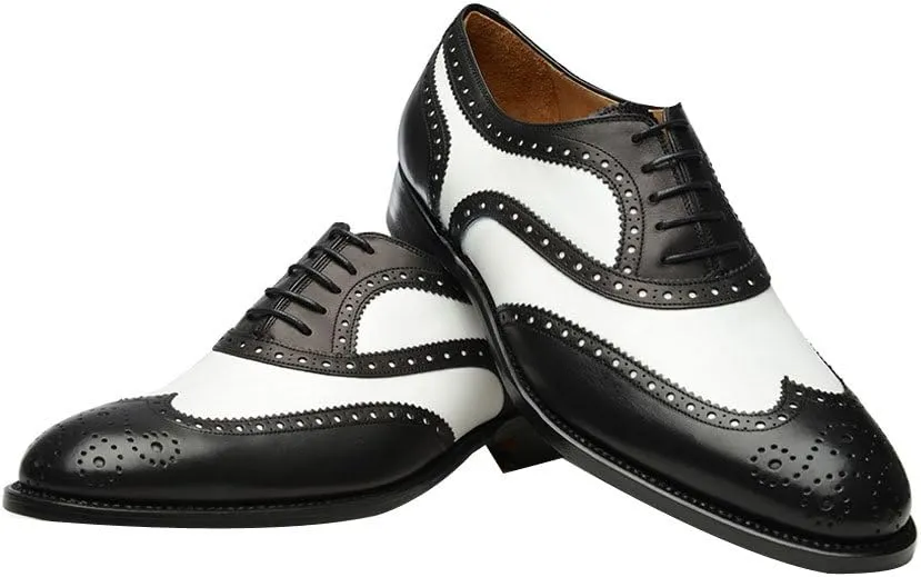 Geninue Leather Mens Wingtip Two Tone Oxford Black and White Spectator Dress Shoes