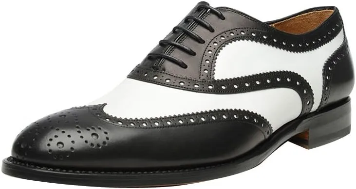 Geninue Leather Mens Wingtip Two Tone Oxford Black and White Spectator Dress Shoes