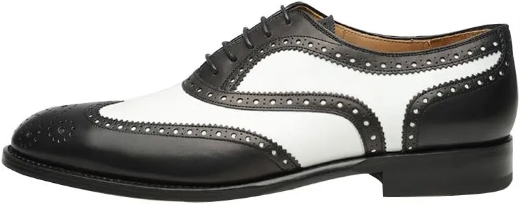 Geninue Leather Mens Wingtip Two Tone Oxford Black and White Spectator Dress Shoes