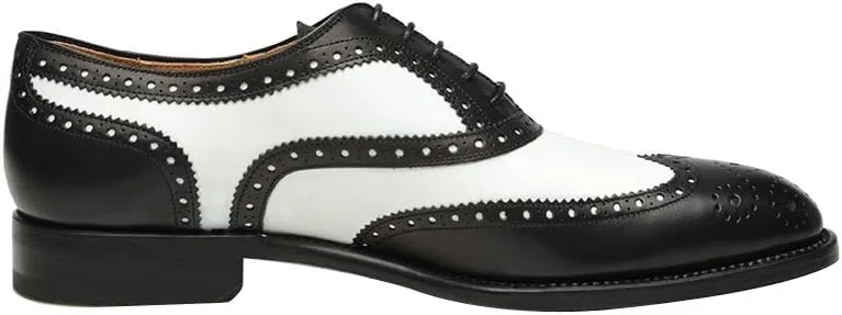 Geninue Leather Mens Wingtip Two Tone Oxford Black and White Spectator Dress Shoes