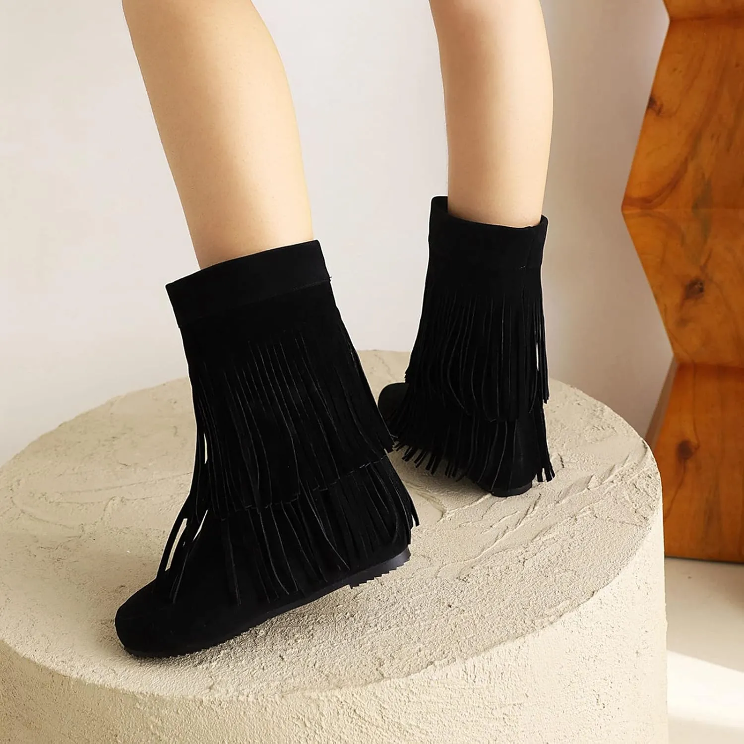 Gicoiz Women Round Toe Slip On Fringe Wedge Moccasin Boots
