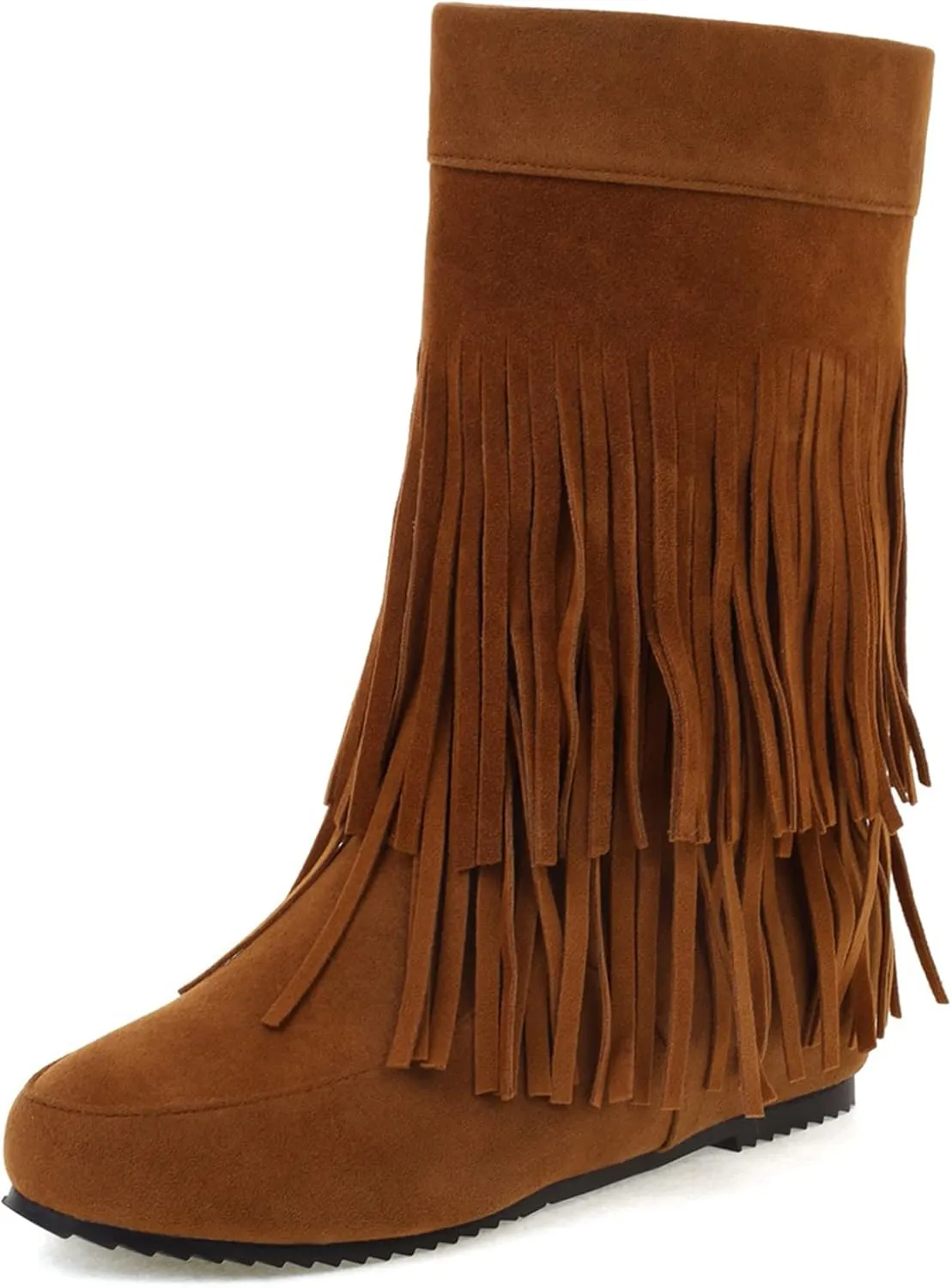 Gicoiz Women Round Toe Slip On Fringe Wedge Moccasin Boots