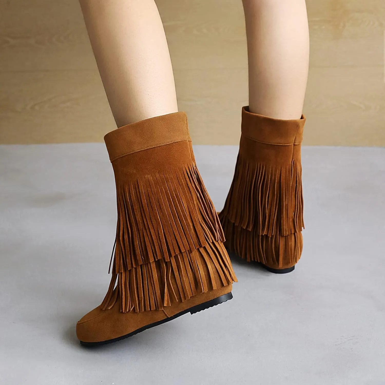 Gicoiz Women Round Toe Slip On Fringe Wedge Moccasin Boots