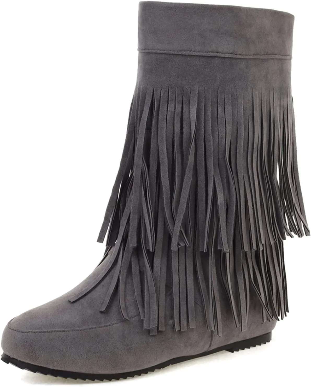 Gicoiz Women Round Toe Slip On Fringe Wedge Moccasin Boots