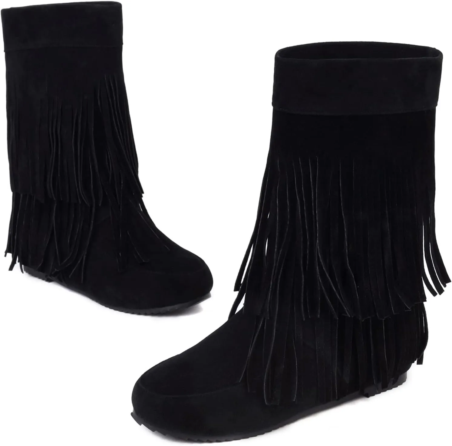 Gicoiz Women Round Toe Slip On Fringe Wedge Moccasin Boots