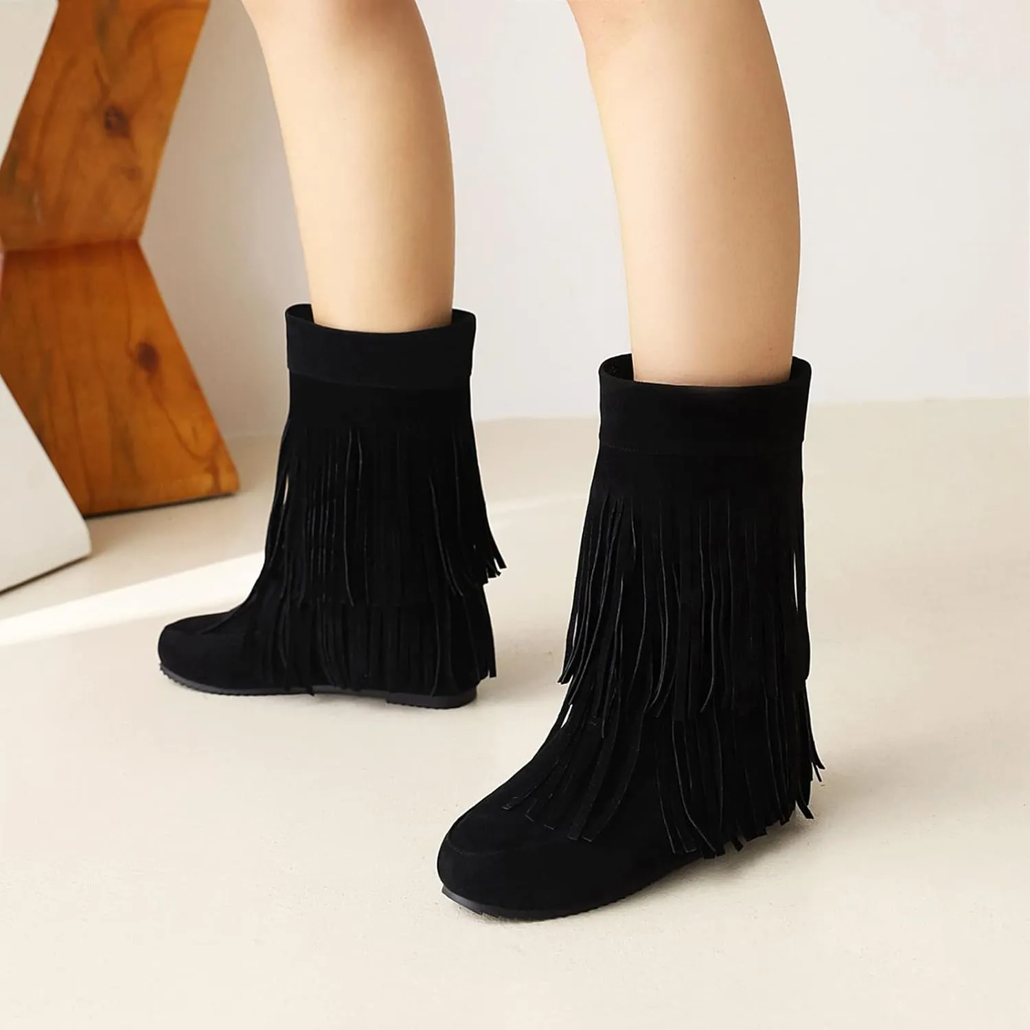 Gicoiz Women Round Toe Slip On Fringe Wedge Moccasin Boots