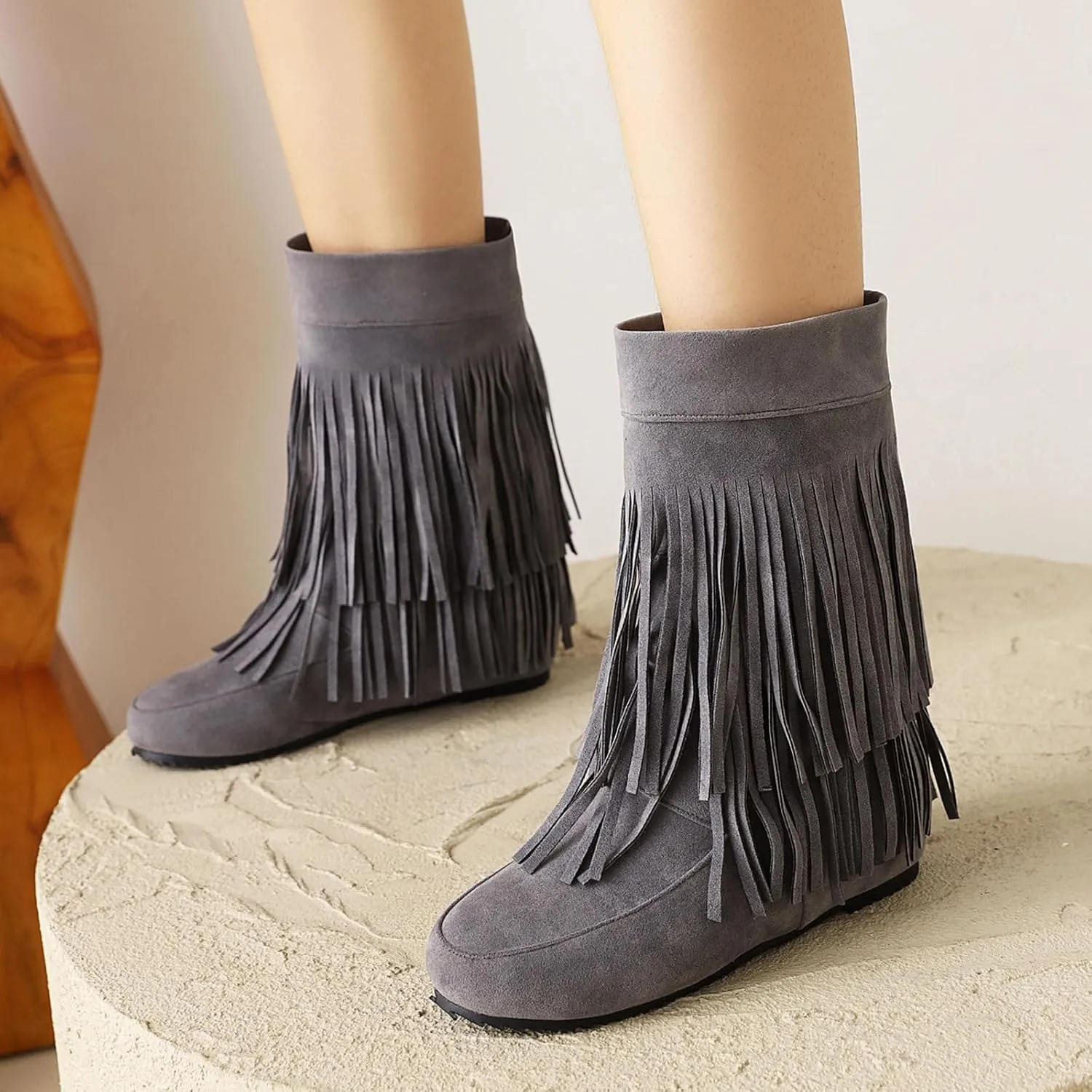 Gicoiz Women Round Toe Slip On Fringe Wedge Moccasin Boots