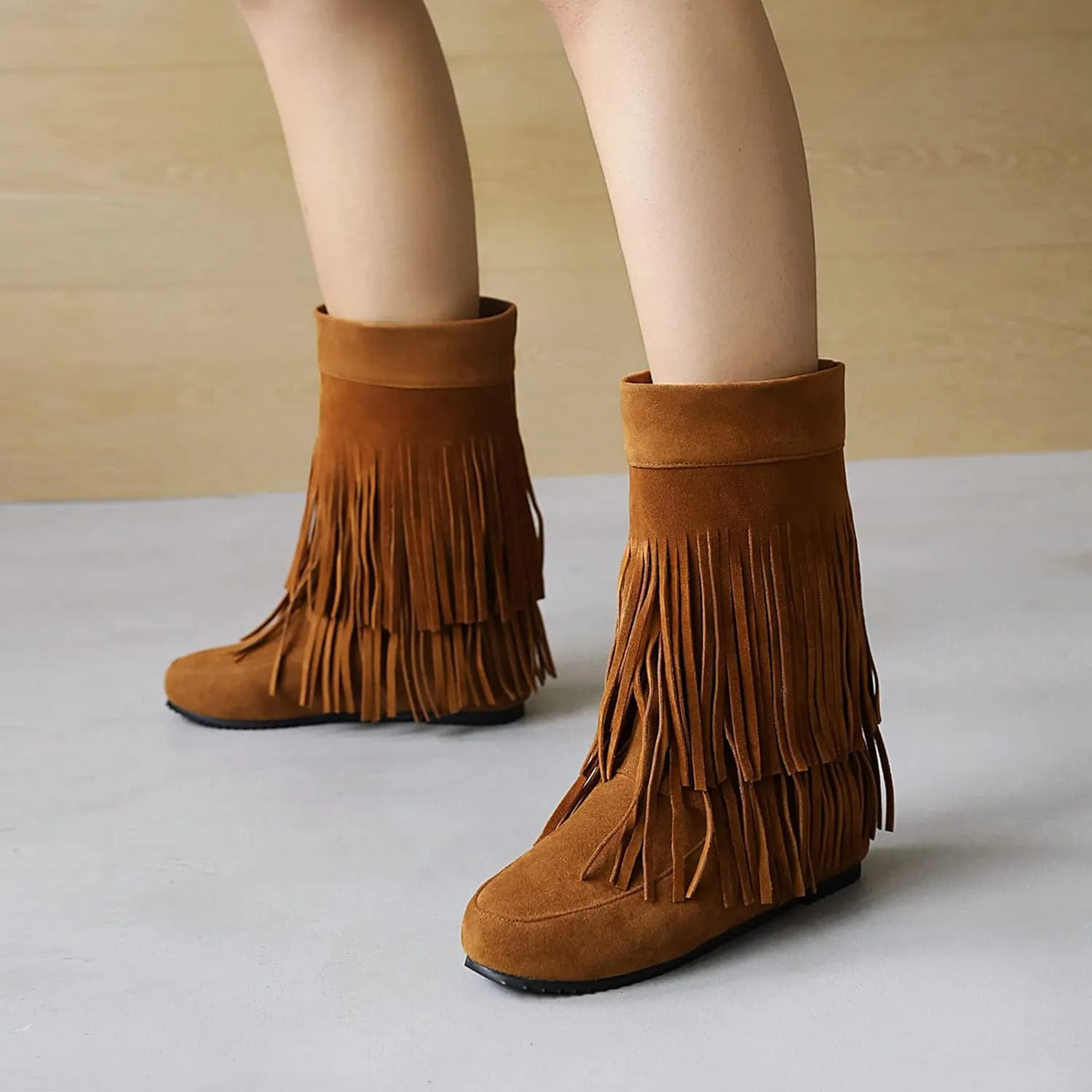 Gicoiz Women Round Toe Slip On Fringe Wedge Moccasin Boots