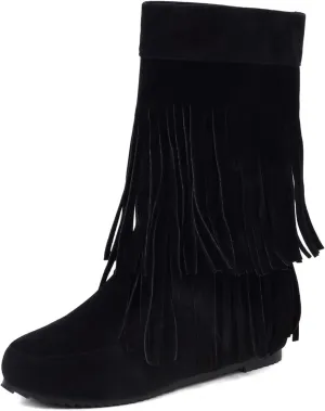 Gicoiz Women Round Toe Slip On Fringe Wedge Moccasin Boots