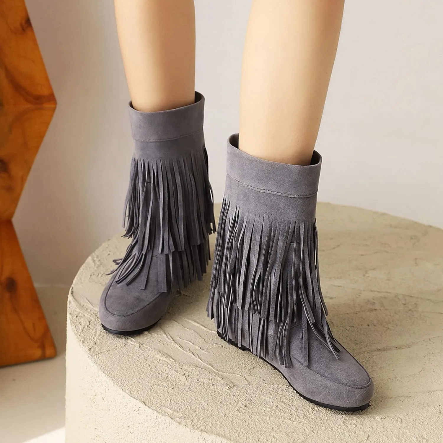Gicoiz Women Round Toe Slip On Fringe Wedge Moccasin Boots