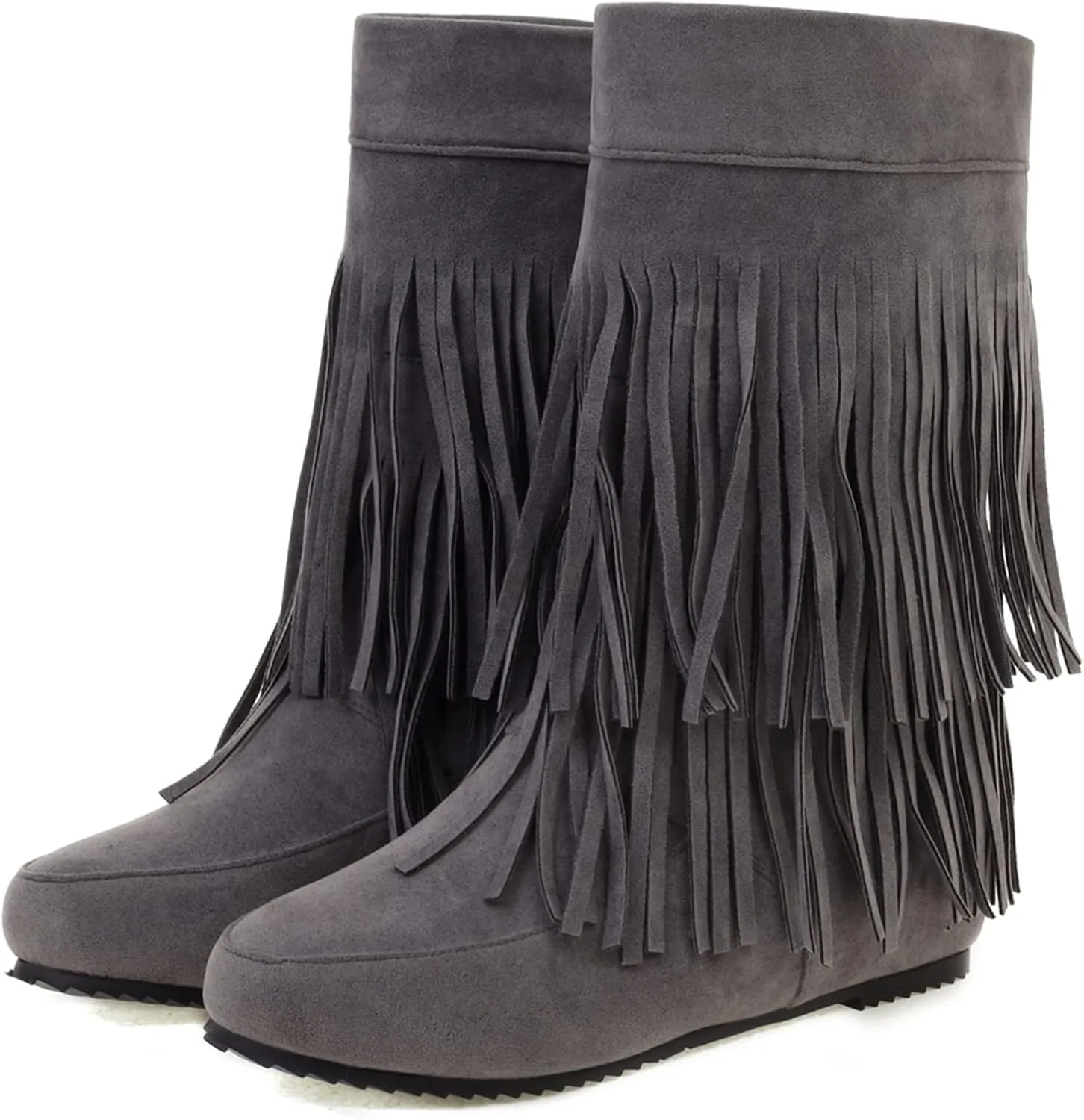 Gicoiz Women Round Toe Slip On Fringe Wedge Moccasin Boots