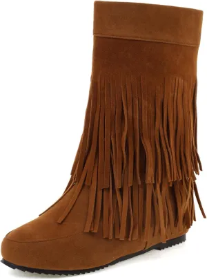 Gicoiz Women Round Toe Slip On Fringe Wedge Moccasin Boots