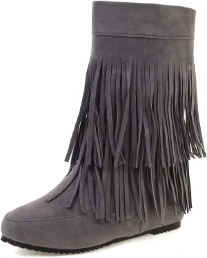 Gicoiz Women Round Toe Slip On Fringe Wedge Moccasin Boots
