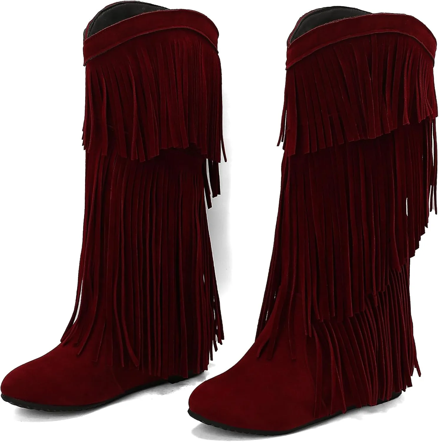 Gicoiz Women Round Toe Wedge Knee High Fringe Moccasin Boots