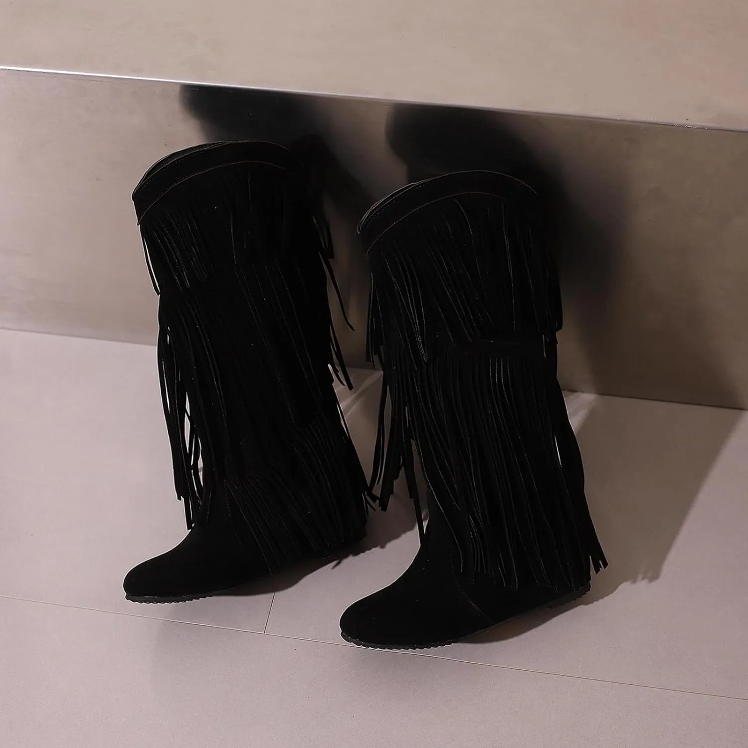 Gicoiz Women Round Toe Wedge Knee High Fringe Moccasin Boots