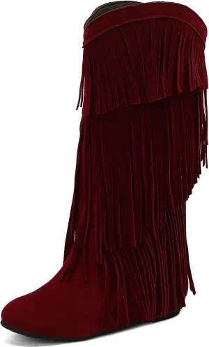 Gicoiz Women Round Toe Wedge Knee High Fringe Moccasin Boots