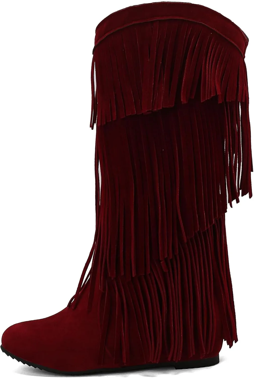 Gicoiz Women Round Toe Wedge Knee High Fringe Moccasin Boots