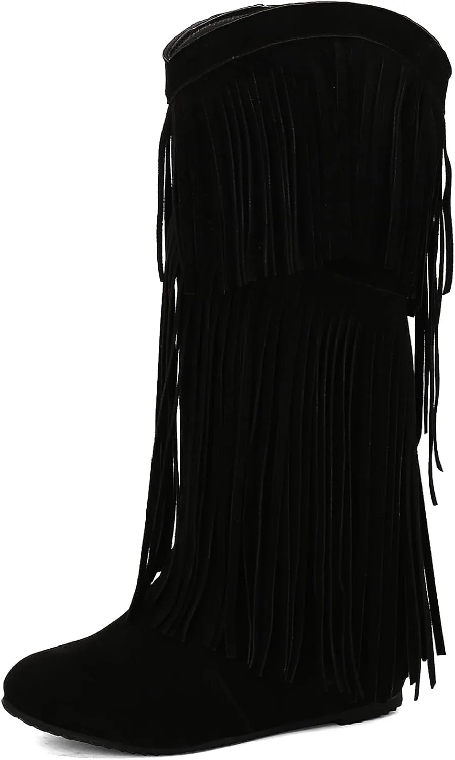 Gicoiz Women Round Toe Wedge Knee High Fringe Moccasin Boots